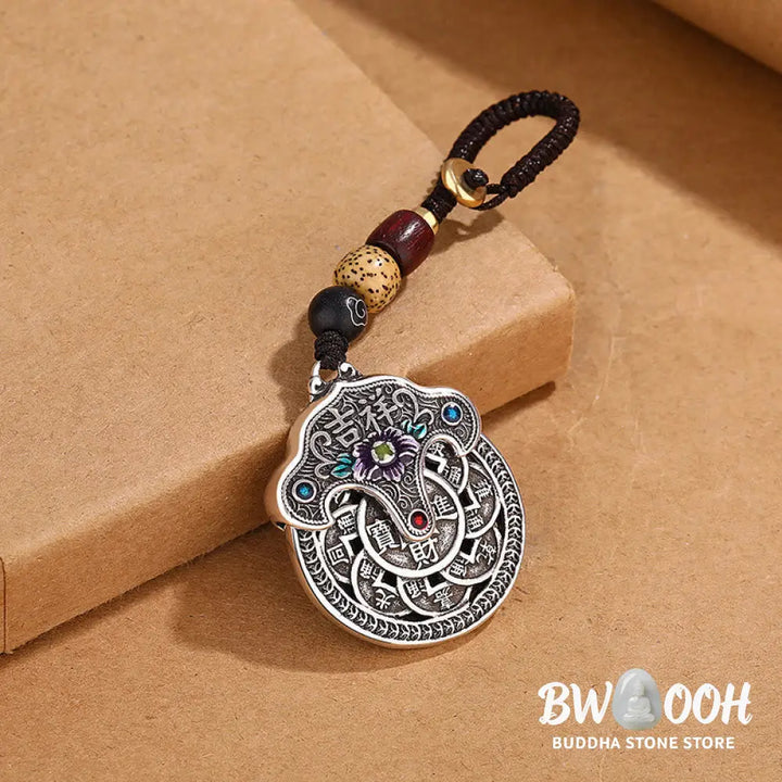 Buddha Stones Peony Flower Copper Coin Auspicious Wealth Key Chain - Auspicious Copper Coin Key Chain - Key Chain