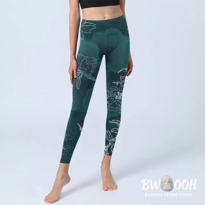BWOOOH printed yoga leggings - Peony Flower Magpie Butterfly Print Gym 