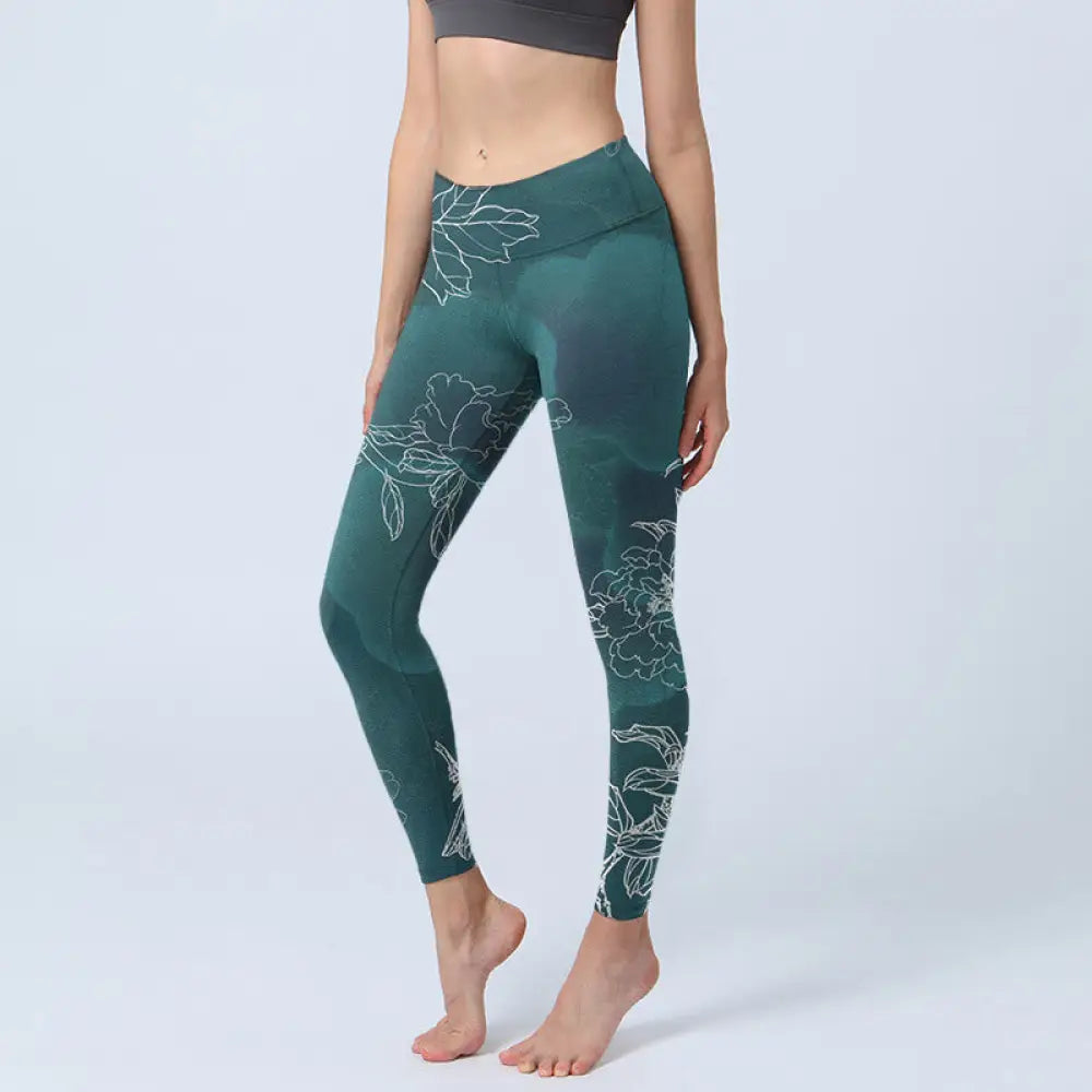 BWOOOH printed yoga leggings - Peony Flower Magpie Butterfly Print Gym 