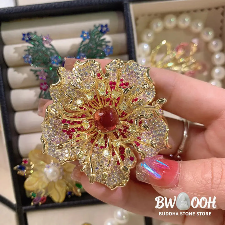 Buddha Stones Peony Flower Prosperity Copper Brooch - Brooch