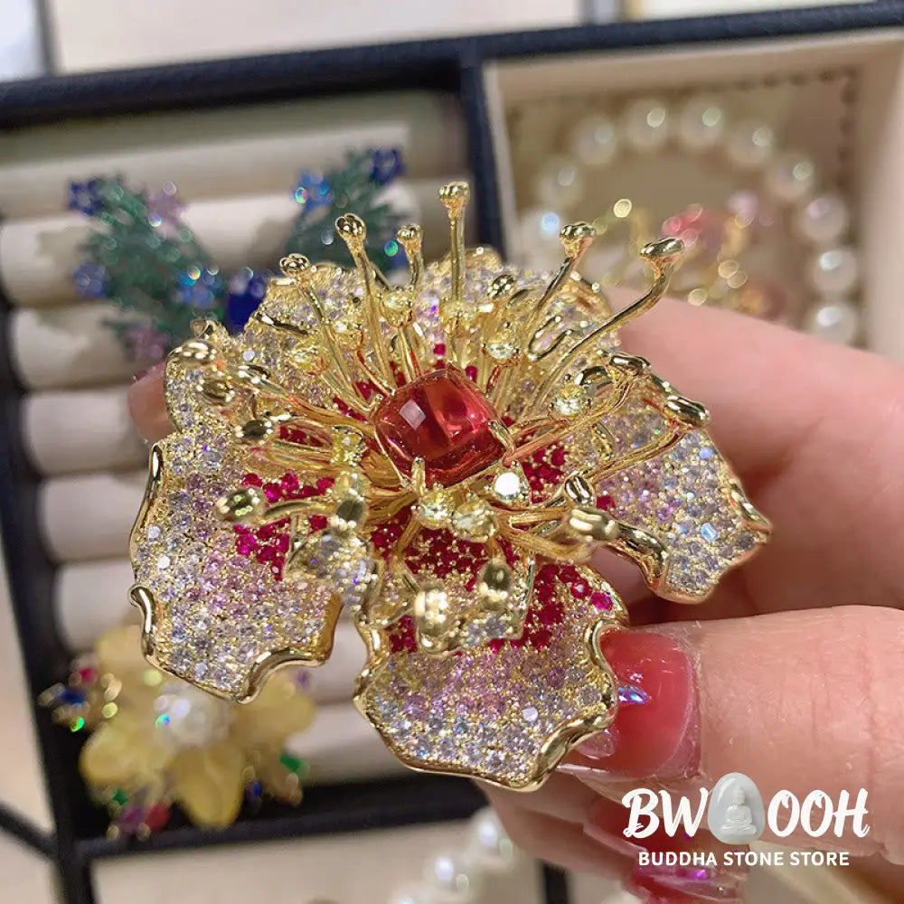 Buddha Stones Peony Flower Prosperity Copper Brooch - Brooch