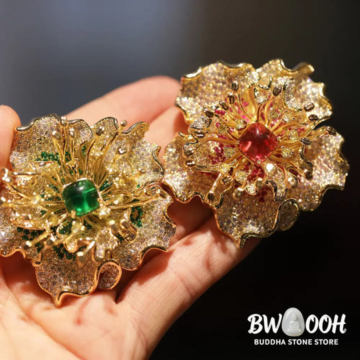 Buddha Stones Peony Flower Prosperity Copper Brooch - Brooch