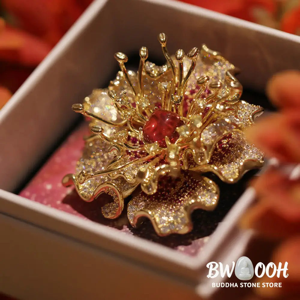 Buddha Stones Peony Flower Prosperity Copper Brooch - Brooch