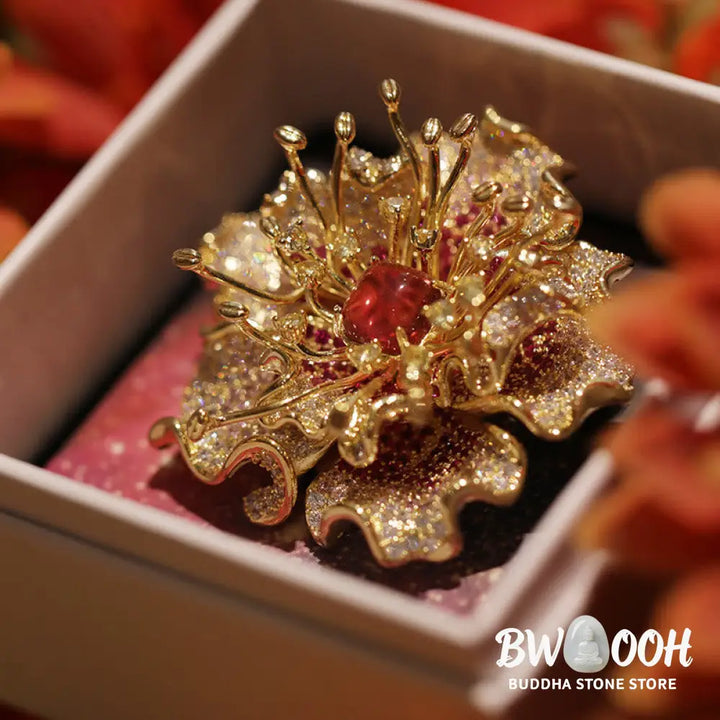 Buddha Stones Peony Flower Prosperity Copper Brooch - Brooch