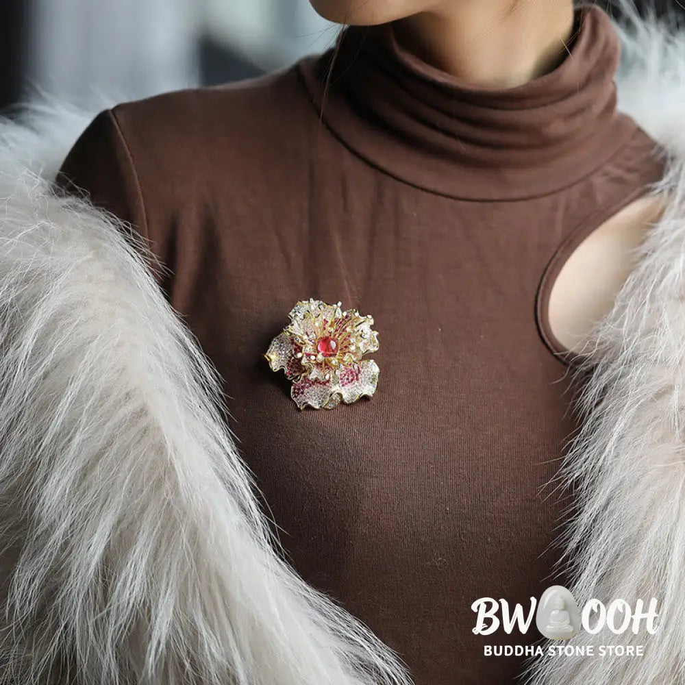 Buddha Stones Peony Flower Prosperity Copper Brooch - Brooch