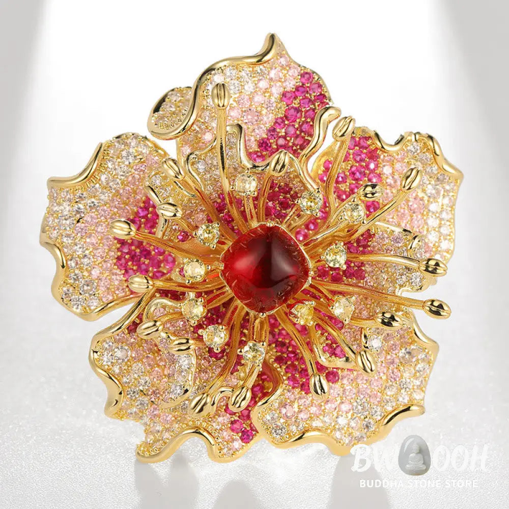 Buddha Stones Peony Flower Prosperity Copper Brooch - Brooch