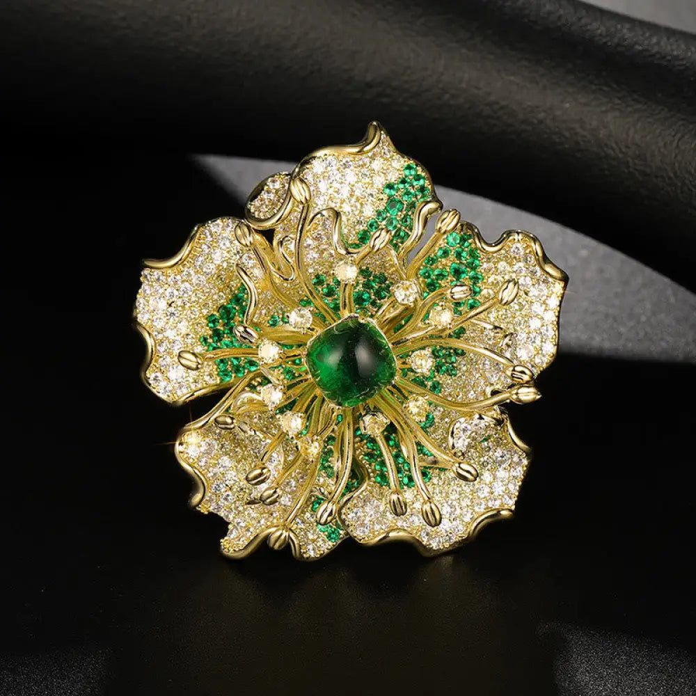Buddha Stones Peony Flower Prosperity Copper Brooch - Green Peony About 5.5*5.2 cm - Brooch