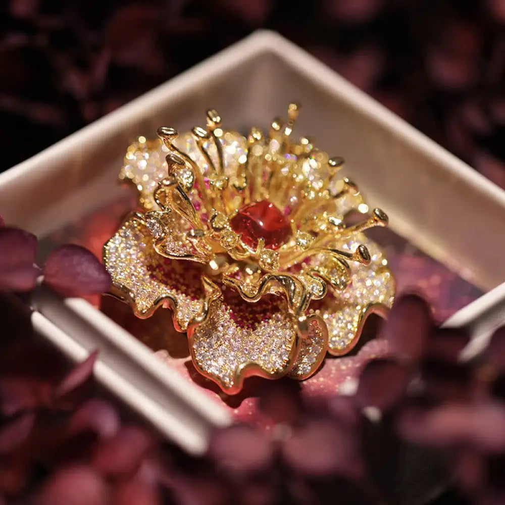 Buddha Stones Peony Flower Prosperity Copper Brooch - Red Peony About 5.5*5.2 cm - Brooch