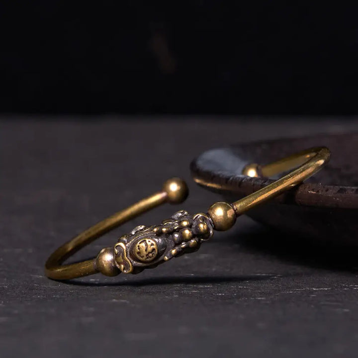 Buddha Stones Pi Xiu Carrying Compass Fu Character Copper Brass Luck Wealth Bracelet Bangle - BWOOOH - PiXiu Carrying