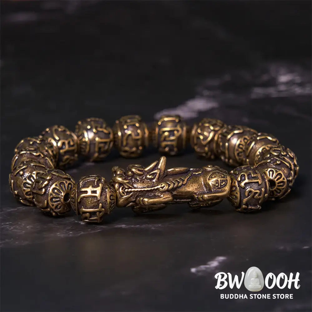 Buddha Stones Pi Xiu Carrying Fu Character Six True Words ’om Mani Padme Hum’ Copper Brass Beads Wealth Bracelet Bangle