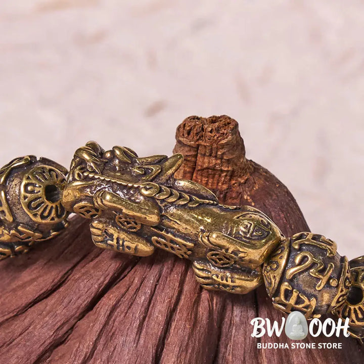Buddha Stones Pi Xiu Carrying Fu Character Six True Words ’om Mani Padme Hum’ Copper Brass Beads Wealth Bracelet Bangle