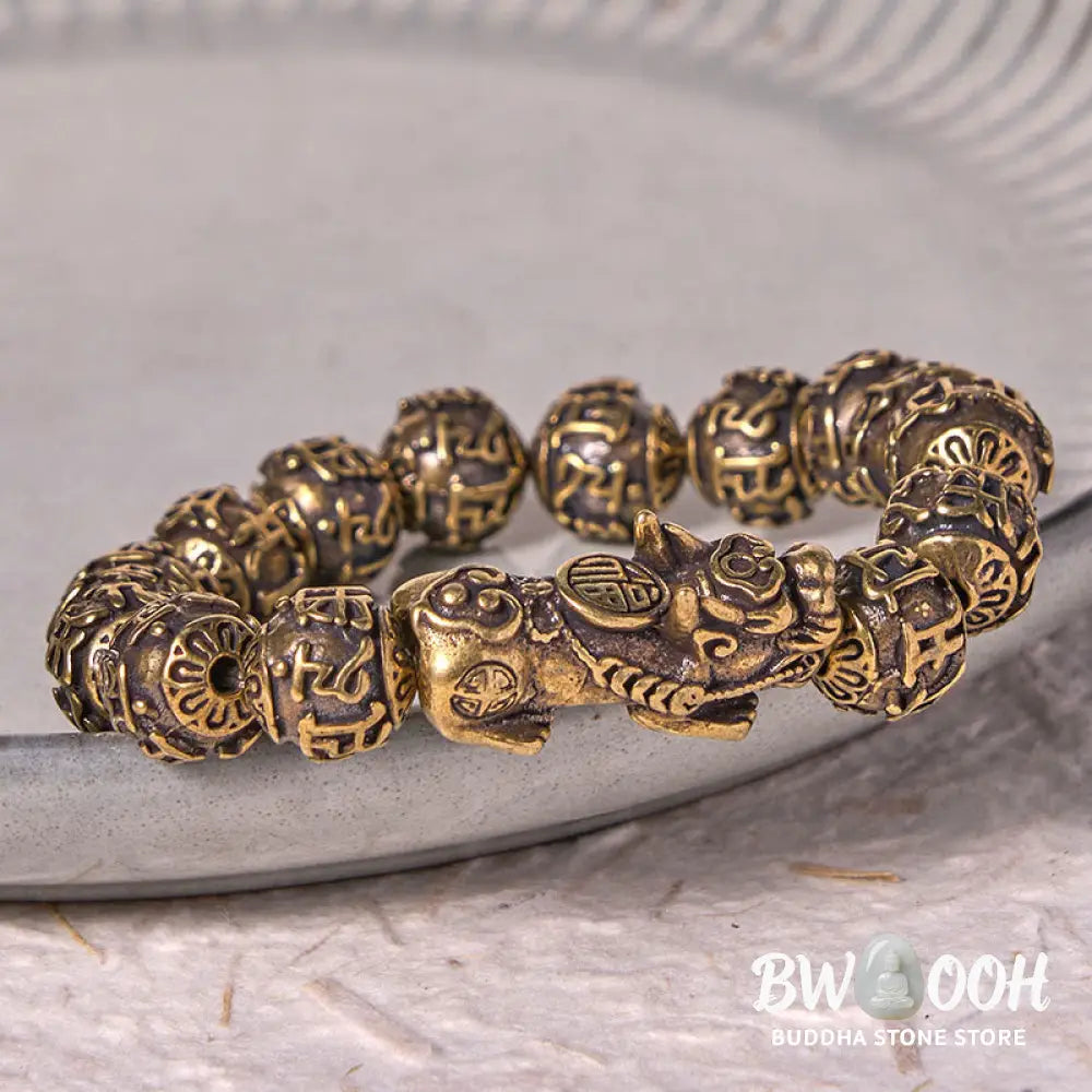 Buddha Stones Pi Xiu Carrying Fu Character Six True Words ’om Mani Padme Hum’ Copper Brass Beads Wealth Bracelet Bangle