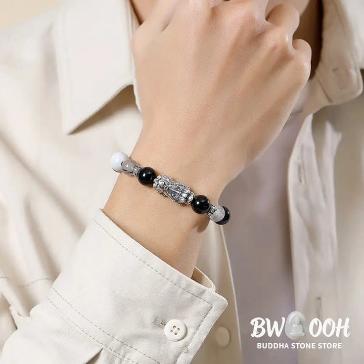 Buddha Stones Pi Xiu Six True Words 999 Sterling Silver Black Obsidian White Turquoise Chrysoberyl Luck Bracelet
