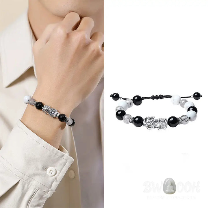 Buddha Stones Pi Xiu Six True Words 999 Sterling Silver Black Obsidian White Turquoise Chrysoberyl Luck Bracelet