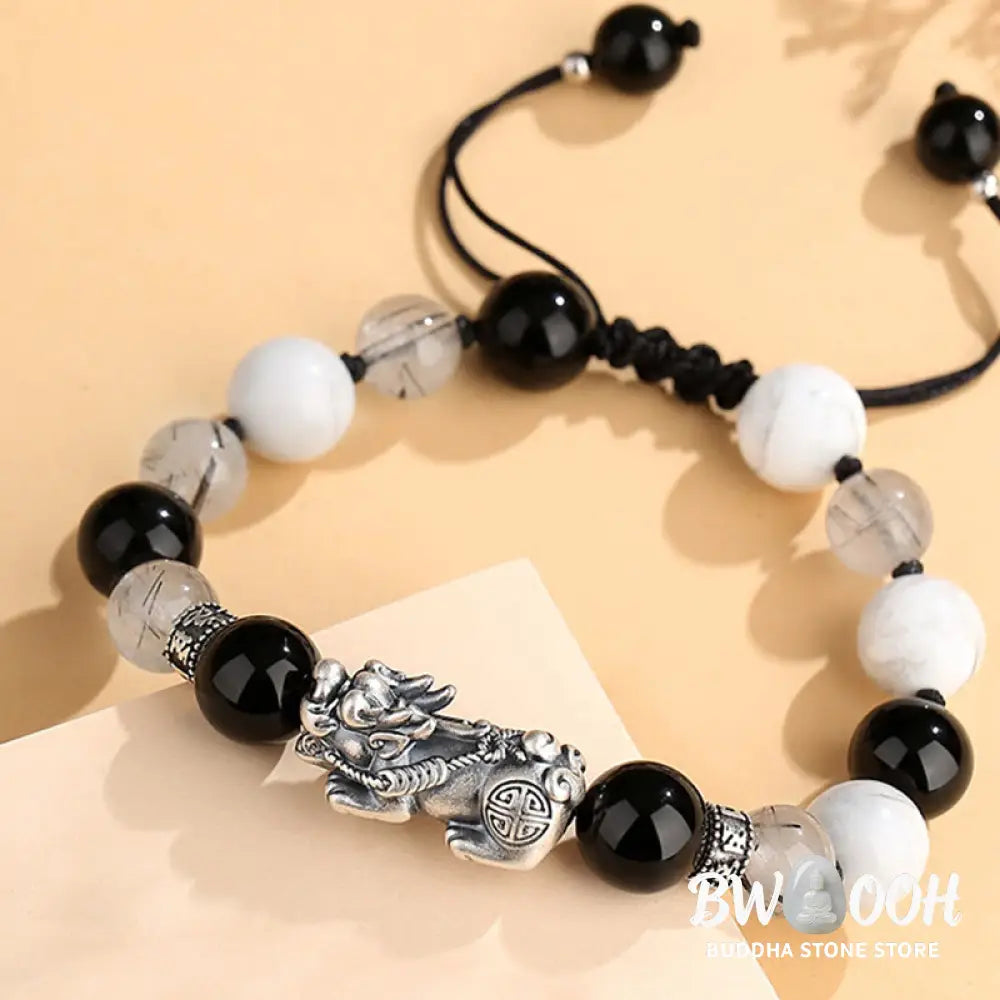 Buddha Stones Pi Xiu Six True Words 999 Sterling Silver Black Obsidian White Turquoise Chrysoberyl Luck Bracelet