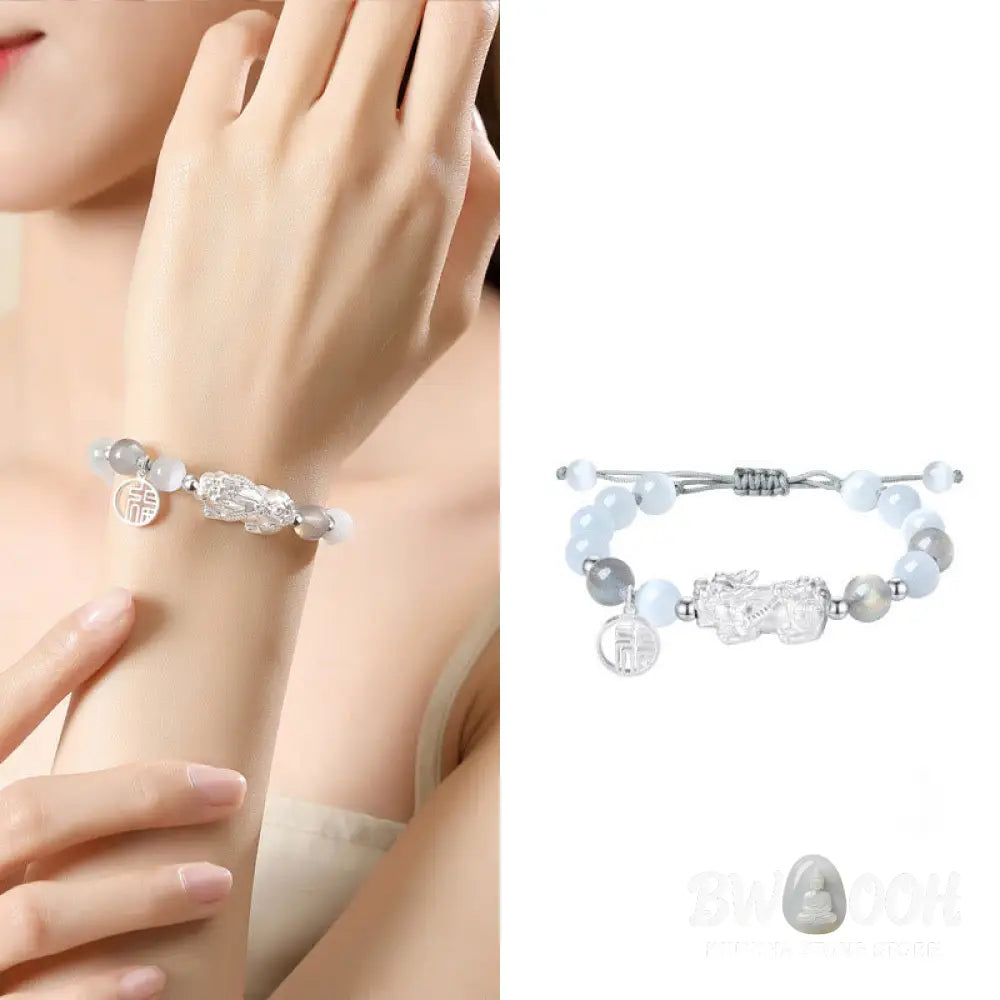Buddha Stones Pi Xiu Six True Words 999 Sterling Silver Black Obsidian White Turquoise Chrysoberyl Luck Bracelet