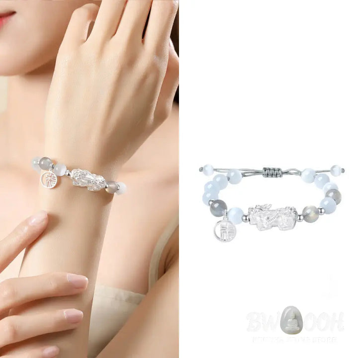 Buddha Stones Pi Xiu Six True Words 999 Sterling Silver Black Obsidian White Turquoise Chrysoberyl Luck Bracelet