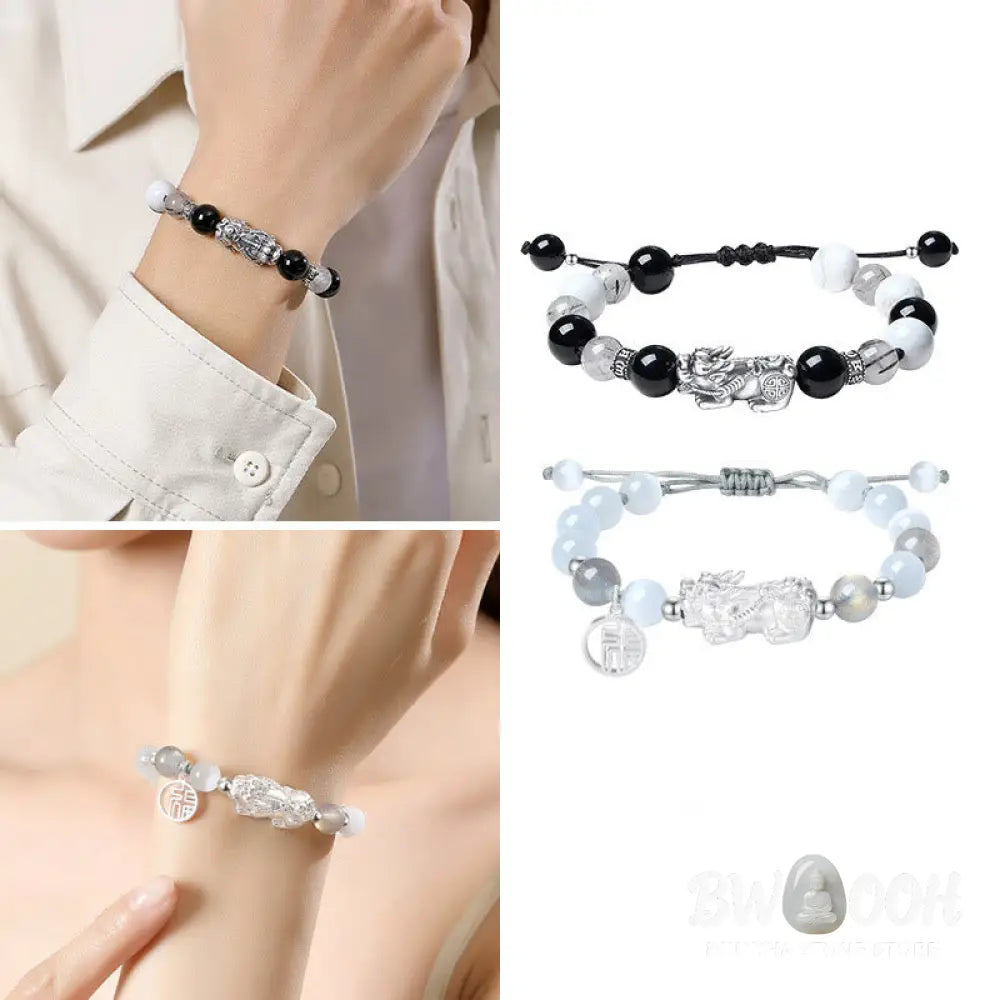Buddha Stones Pi Xiu Six True Words 999 Sterling Silver Black Obsidian White Turquoise Chrysoberyl Luck Bracelet