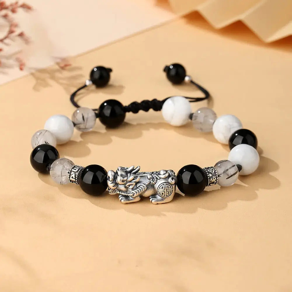 BWOOOH Pi Xiu Six True Words 999 Sterling Silver Black Obsidian White Turquoise Chrysoberyl Luck Bracelet