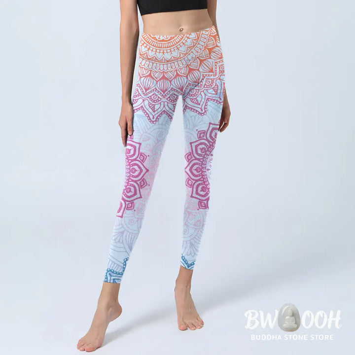 BWOOOH mandala print yoga leggings - Pink Blue Mandala Flower Print Gym Leggi