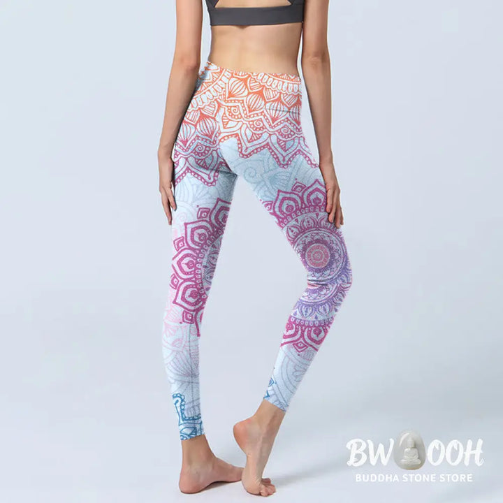 BWOOOH mandala print yoga leggings - Pink Blue Mandala Flower Print Gym Leggi