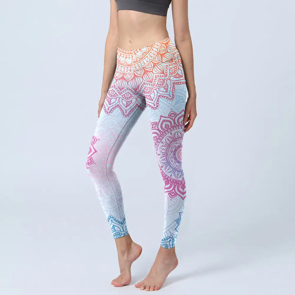 BWOOOH mandala print yoga leggings - Pink Blue Mandala Flower Print Gym Leggi