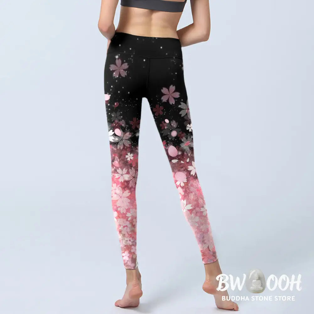 BWOOOH lotus print yoga leggings - Pink Cherry Blossoms Print Exercise Legg