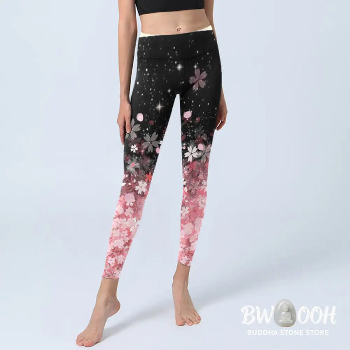 BWOOOH lotus print yoga leggings - Pink Cherry Blossoms Print Exercise Legg