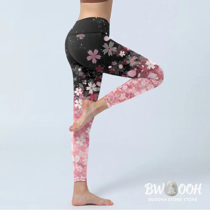 BWOOOH lotus print yoga leggings - Pink Cherry Blossoms Print Exercise Legg