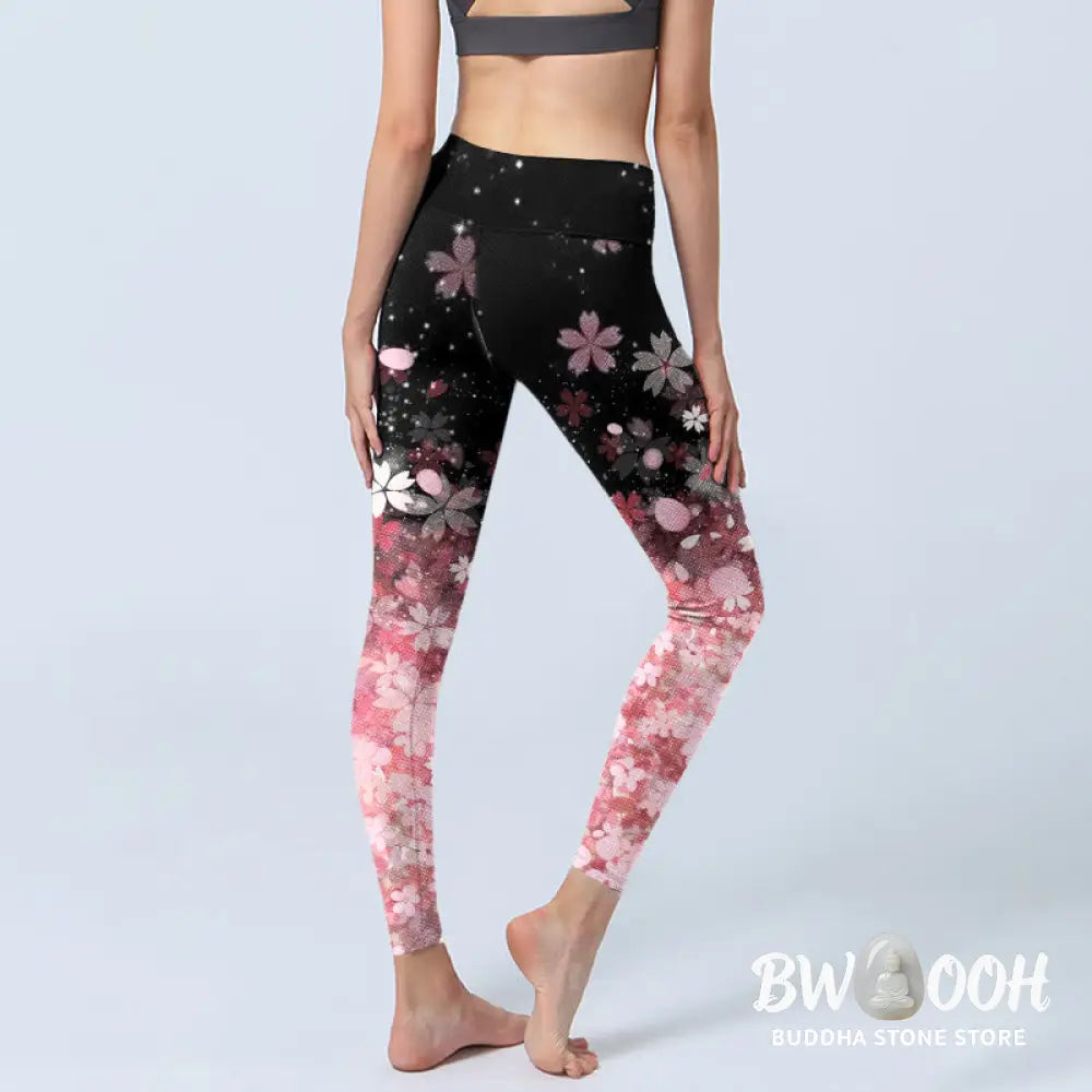 BWOOOH lotus print yoga leggings - Pink Cherry Blossoms Print Exercise Legg