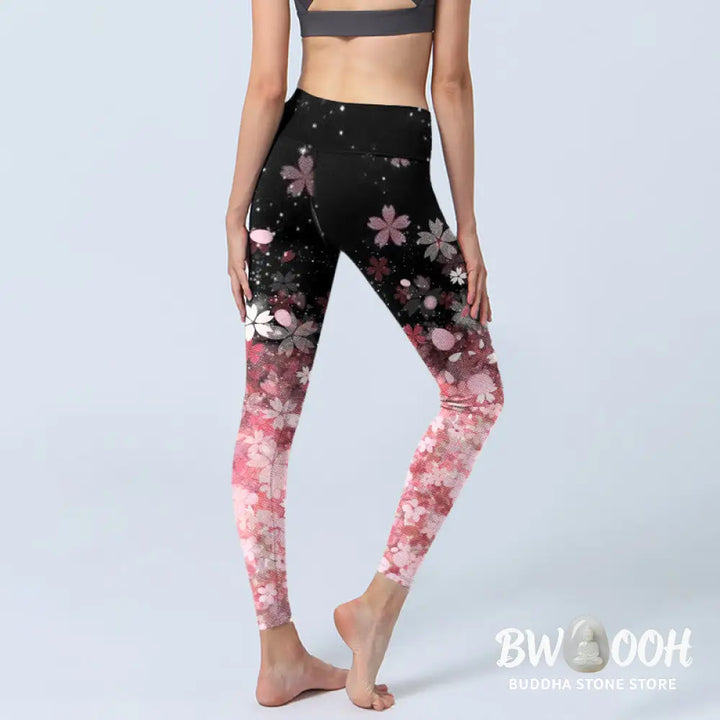 BWOOOH lotus print yoga leggings - Pink Cherry Blossoms Print Exercise Legg