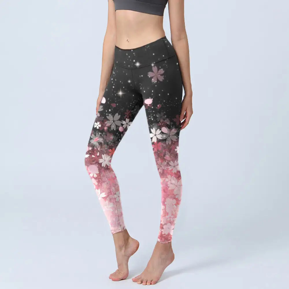 BWOOOH lotus print yoga leggings - Pink Cherry Blossoms Print Exercise Legg