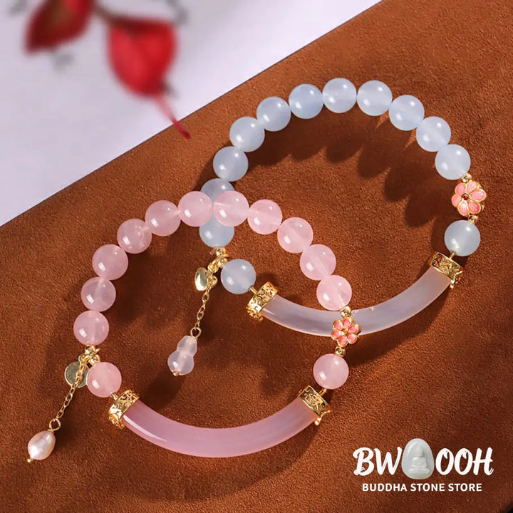 Buddha Stones Pink Crystal Blue Chalcedony Pearl Cuff Half Bracelet Bangle - BWOOOH - Bracelet