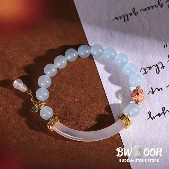 Buddha Stones Pink Crystal Blue Chalcedony Pearl Cuff Half Bracelet Bangle - BWOOOH - Bracelet