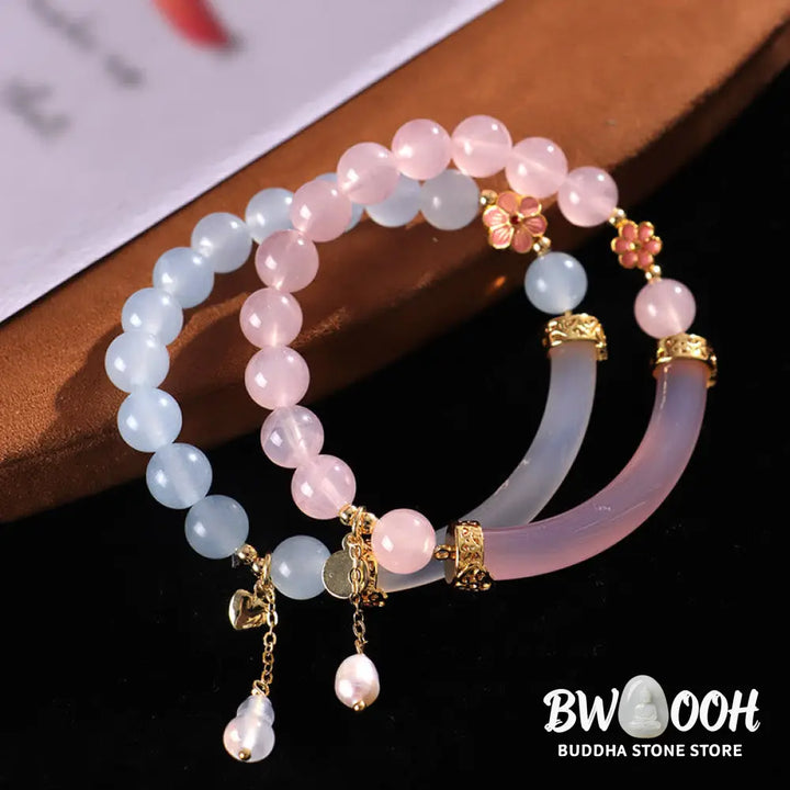 Buddha Stones Pink Crystal Blue Chalcedony Pearl Cuff Half Bracelet Bangle - BWOOOH - Bracelet