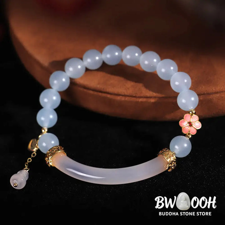 Buddha Stones Pink Crystal Blue Chalcedony Pearl Cuff Half Bracelet Bangle - BWOOOH - Bracelet