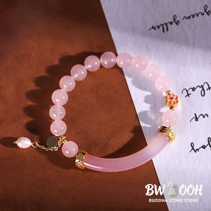 Buddha Stones Pink Crystal Blue Chalcedony Pearl Cuff Half Bracelet Bangle - BWOOOH - Bracelet