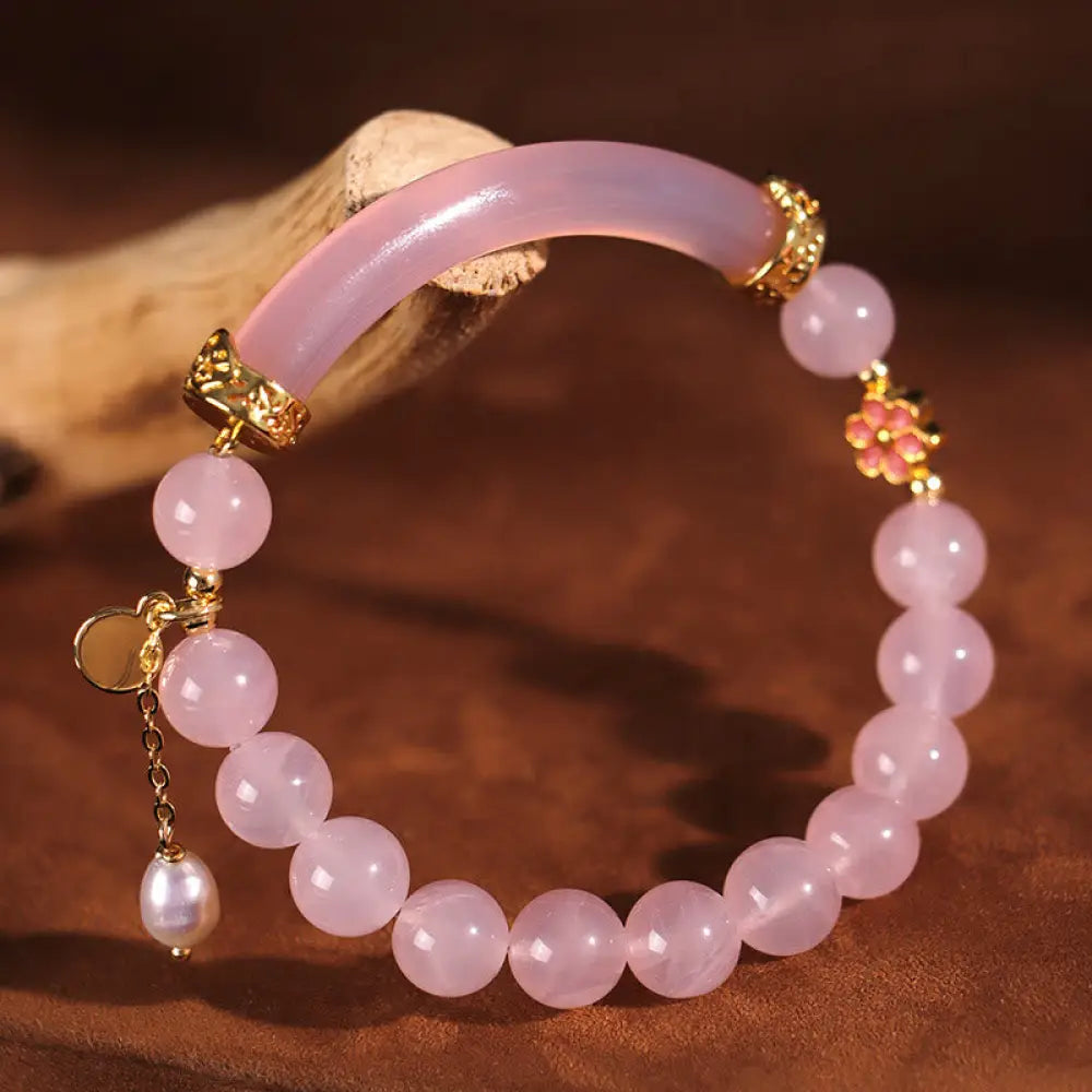 BWOOOH Pink Crystal Blue Chalcedony Pearl Cuff Half Bracelet Bangle - BWOOOH - Pink Crystal Pearl(Inner
