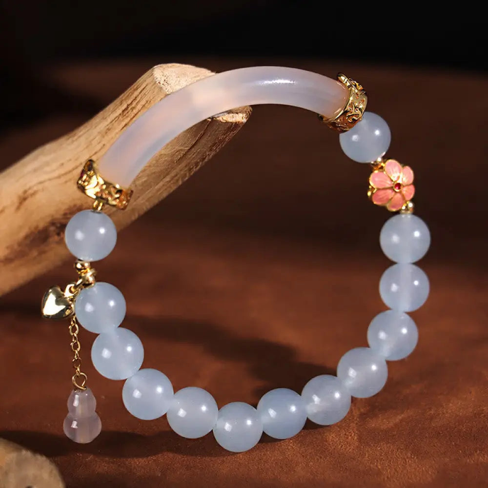 Buddha Stones Pink Crystal Blue Chalcedony Pearl Cuff Half Bracelet Bangle - BWOOOH - Blue Chalcedony Pearl(Inner