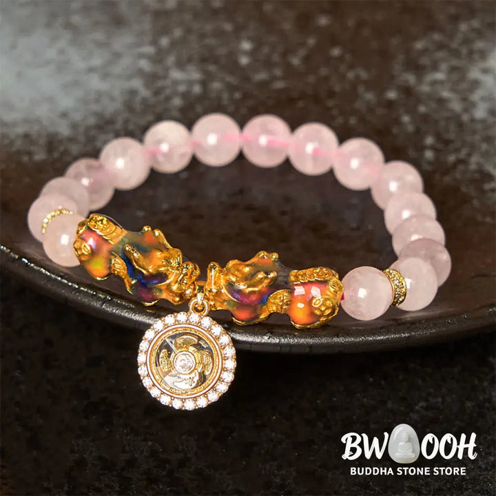 Buddha Stones Pink Crystal Color Change Double PiXiu Cyclone Charm Warmth Bracelet - BWOOOH - Pink Crystal Pixiu(Wrist