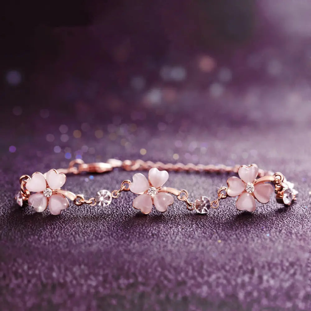 Buddha Stones Pink Crystal Four Leaf Clover Love Chain Bracelet - BWOOOH - Pink Crystal(Soothing♥Warmth)(Wrist