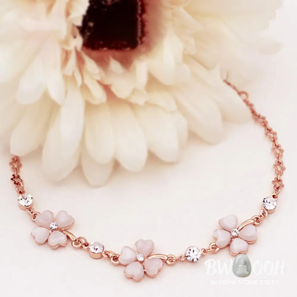 Buddha Stones Pink Crystal Four Leaf Clover Love Chain Bracelet - BWOOOH - Pink Crystal(Soothing♥Warmth)(Wrist