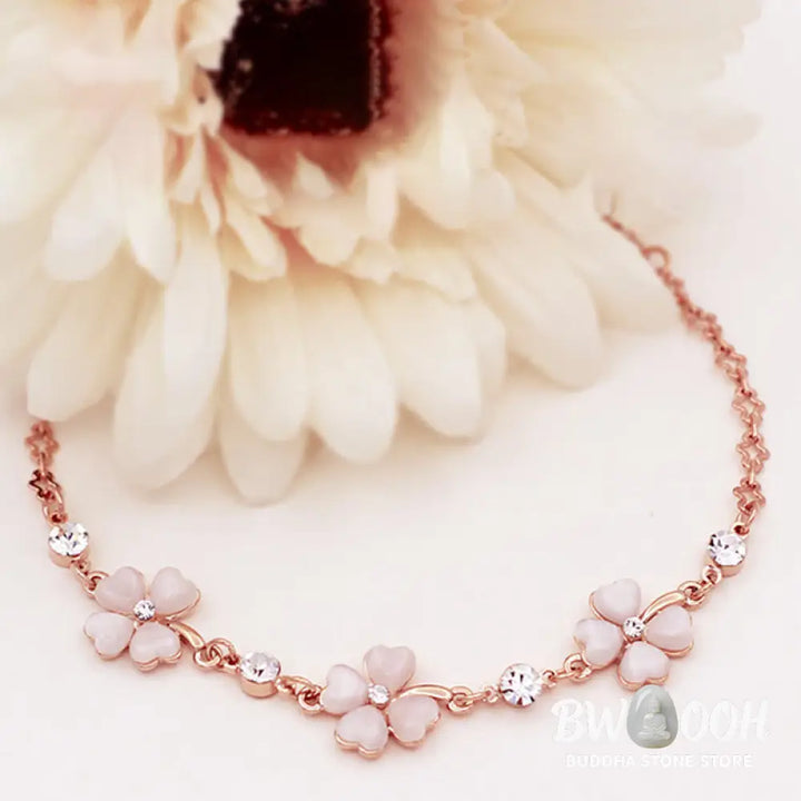 Buddha Stones Pink Crystal Four Leaf Clover Love Chain Bracelet - BWOOOH - Pink Crystal(Soothing♥Warmth)(Wrist