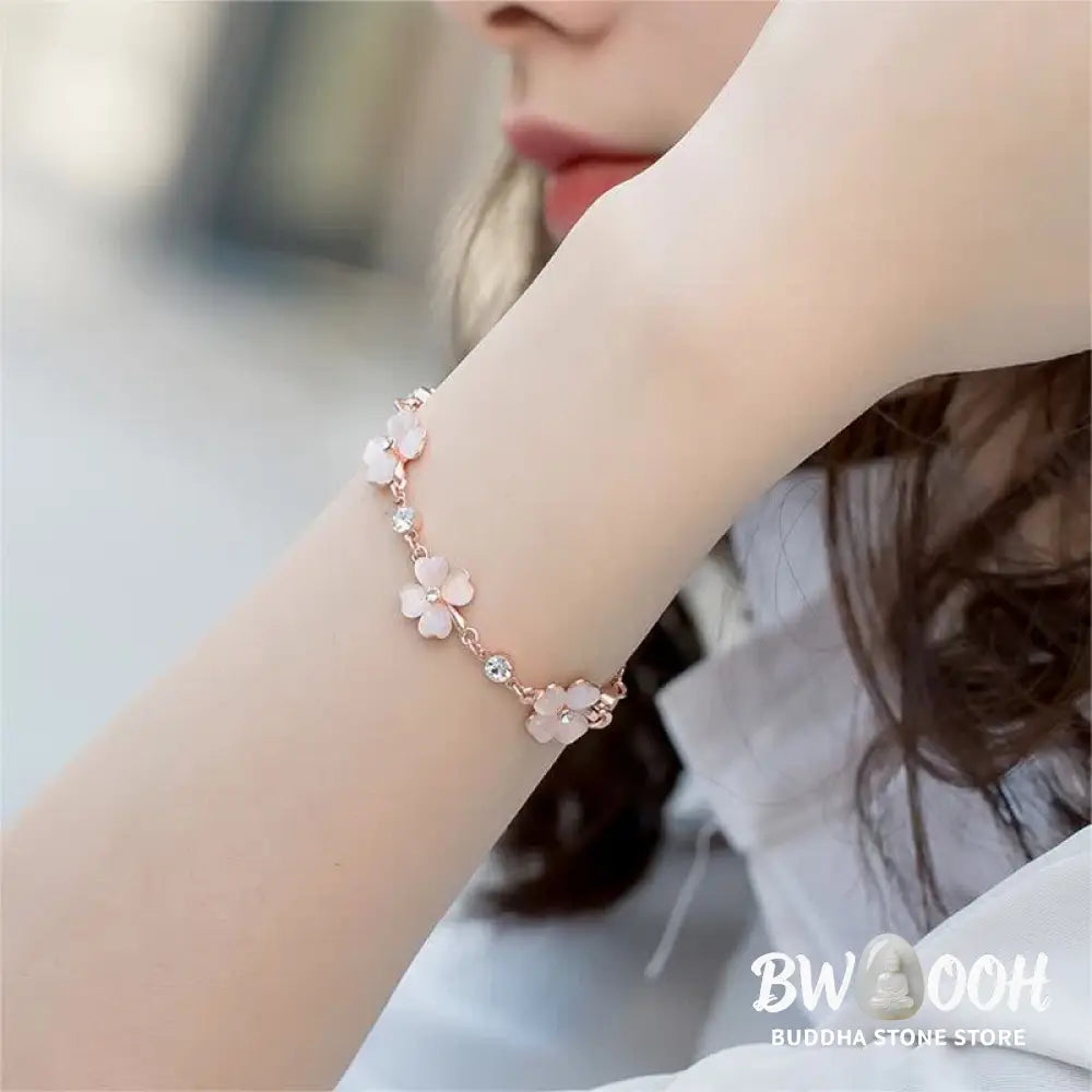 Buddha Stones Pink Crystal Four Leaf Clover Love Chain Bracelet - BWOOOH - Pink Crystal(Soothing♥Warmth)(Wrist
