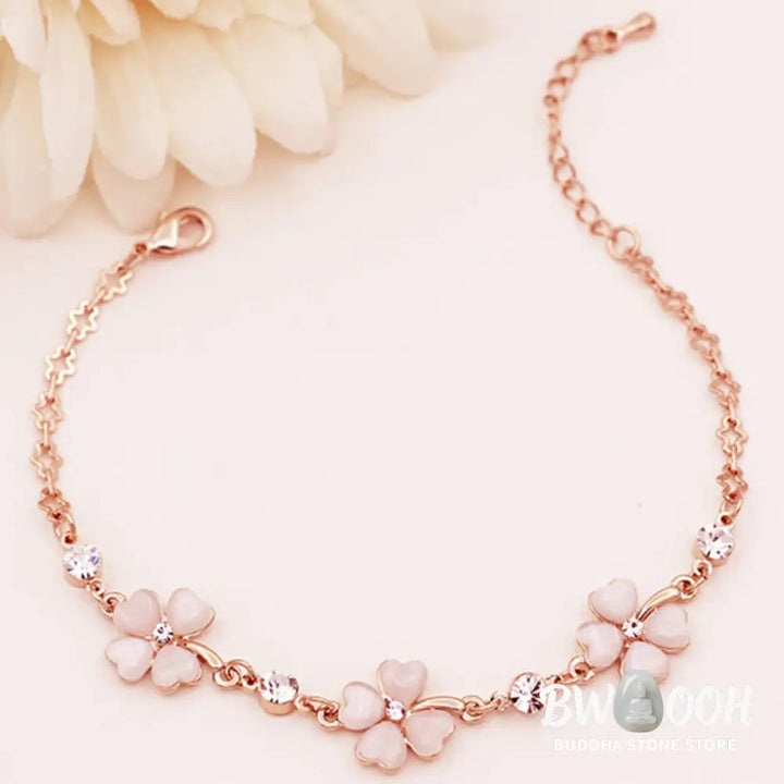Buddha Stones Pink Crystal Four Leaf Clover Love Chain Bracelet - BWOOOH - Pink Crystal(Soothing♥Warmth)(Wrist