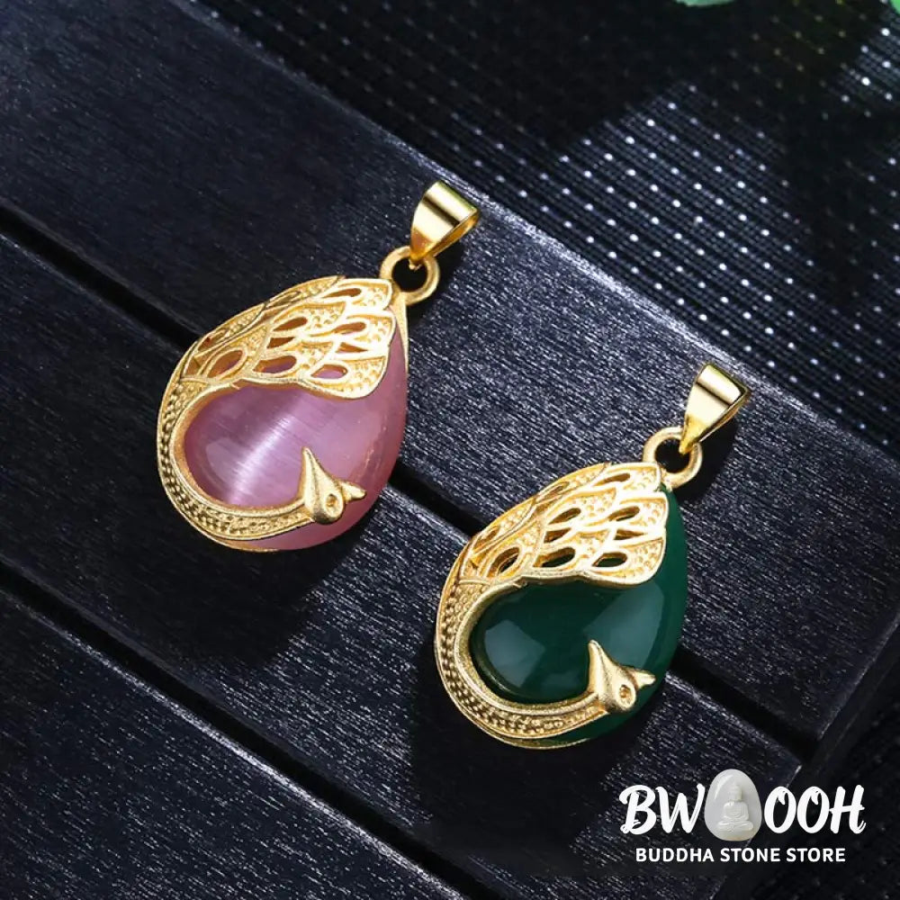 Buddha Stones Pink Crystal Green Chalcedony Peacock Copper Soothing Love Necklace Pendant - BWOOOH - Necklaces &amp;