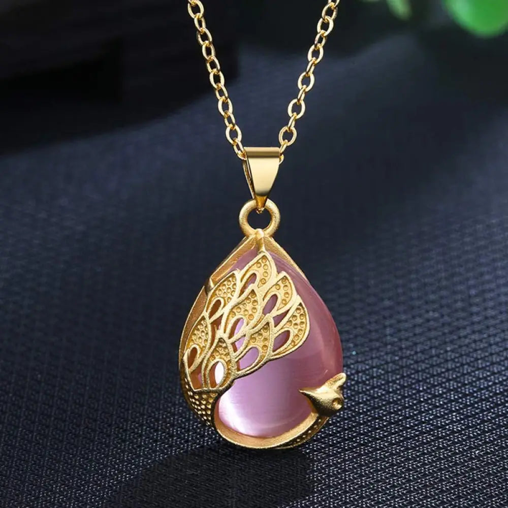 BWOOOH pink crystal green chalcedony peacock copper soothing love necklace pendant 45cm