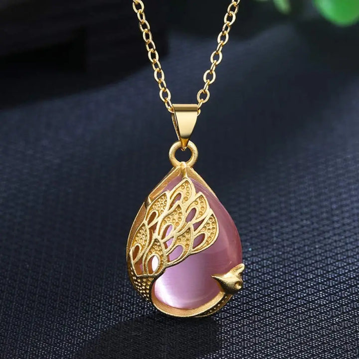 BWOOOH pink crystal green chalcedony peacock copper soothing love necklace pendant 45cm