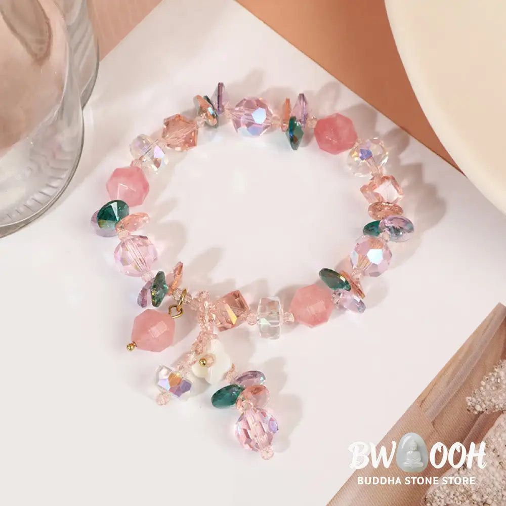 Buddha Stones Pink Crystal Green Crystal White Crystal Flower Warmth Bracelet - BWOOOH - Pink Green White Crystal(Wrist