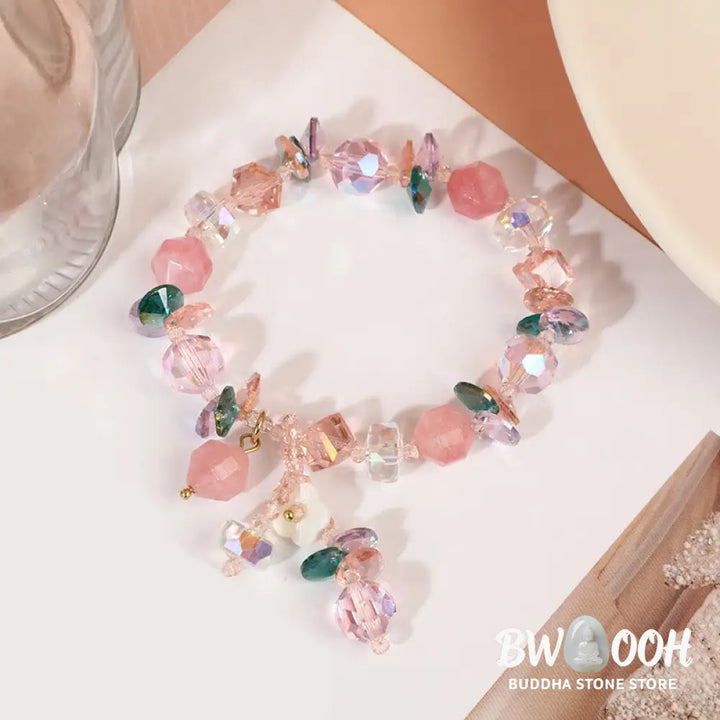 Buddha Stones Pink Crystal Green Crystal White Crystal Flower Warmth Bracelet - BWOOOH - Pink Green White Crystal(Wrist